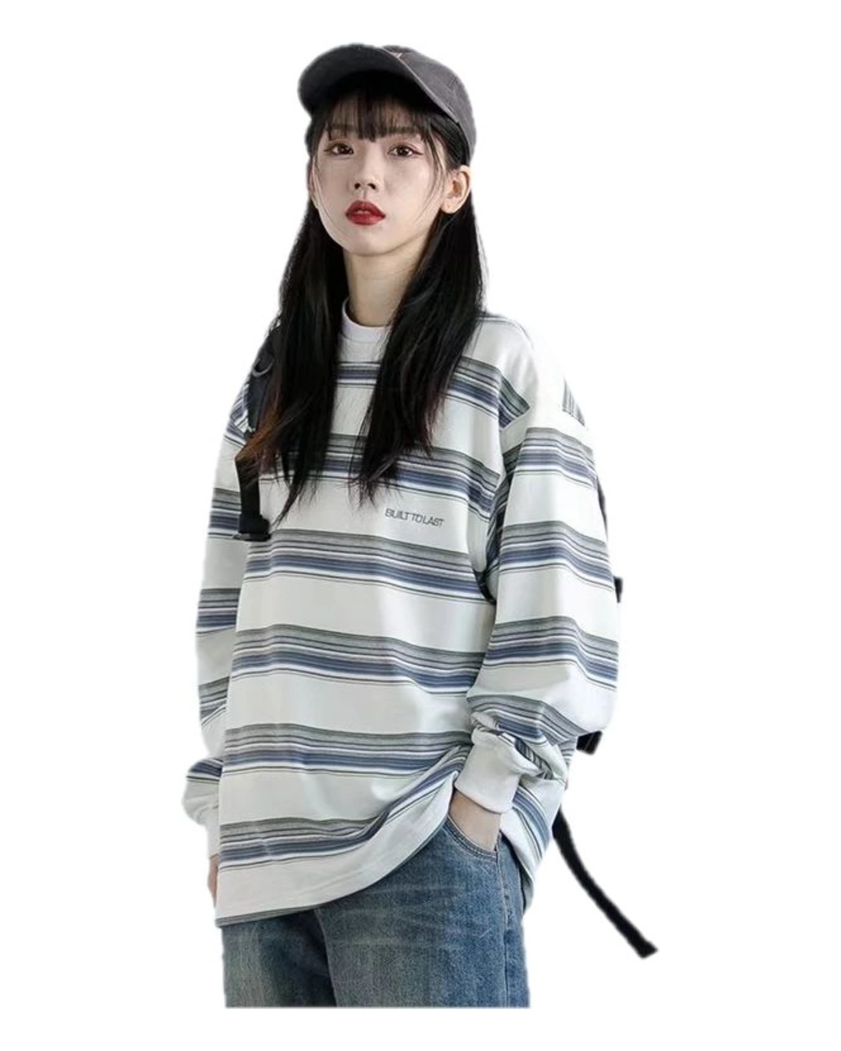 灰蓝宽松条纹卫衣