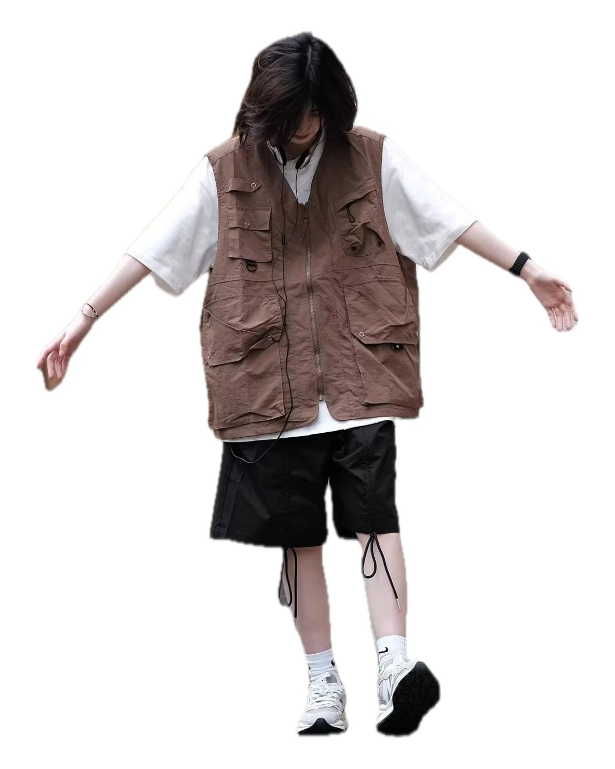 棕色水洗宽松工装马甲